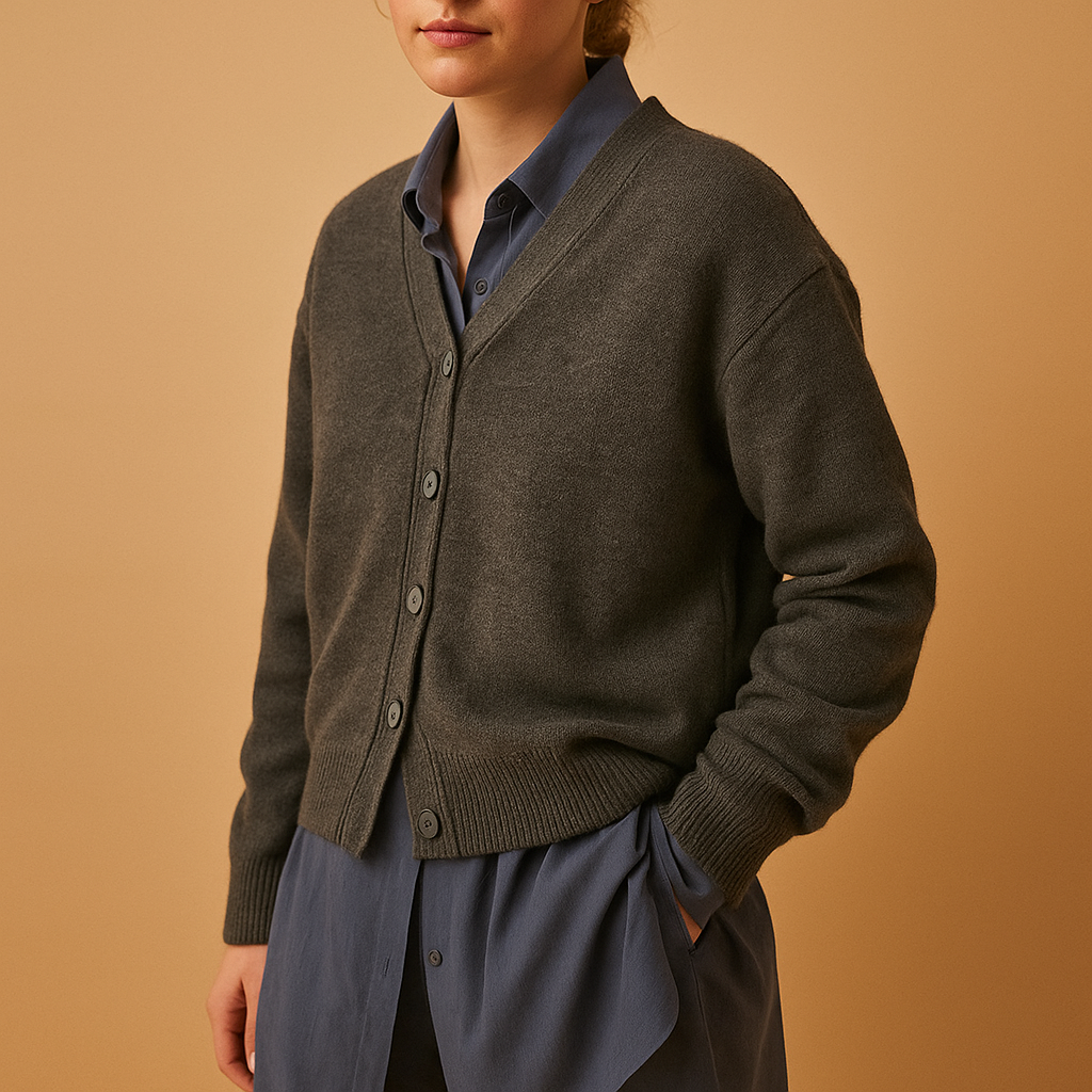 Stylish women’s wrap cardigan with asymmetrical button design and soft, warm feel for chic and cozy outfits.