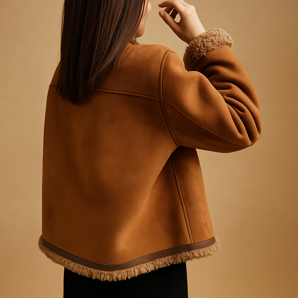 Women’s suede-look jacket with plush fleece lining, regular fit, and soft wool-like texture, ideal for autumn and winter outfits.