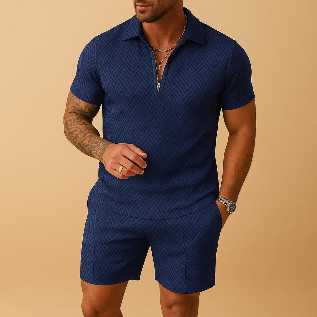 Men’s two-piece summer polo set with matching shorts, perfect for beach days, vacations, and casual summer looks.