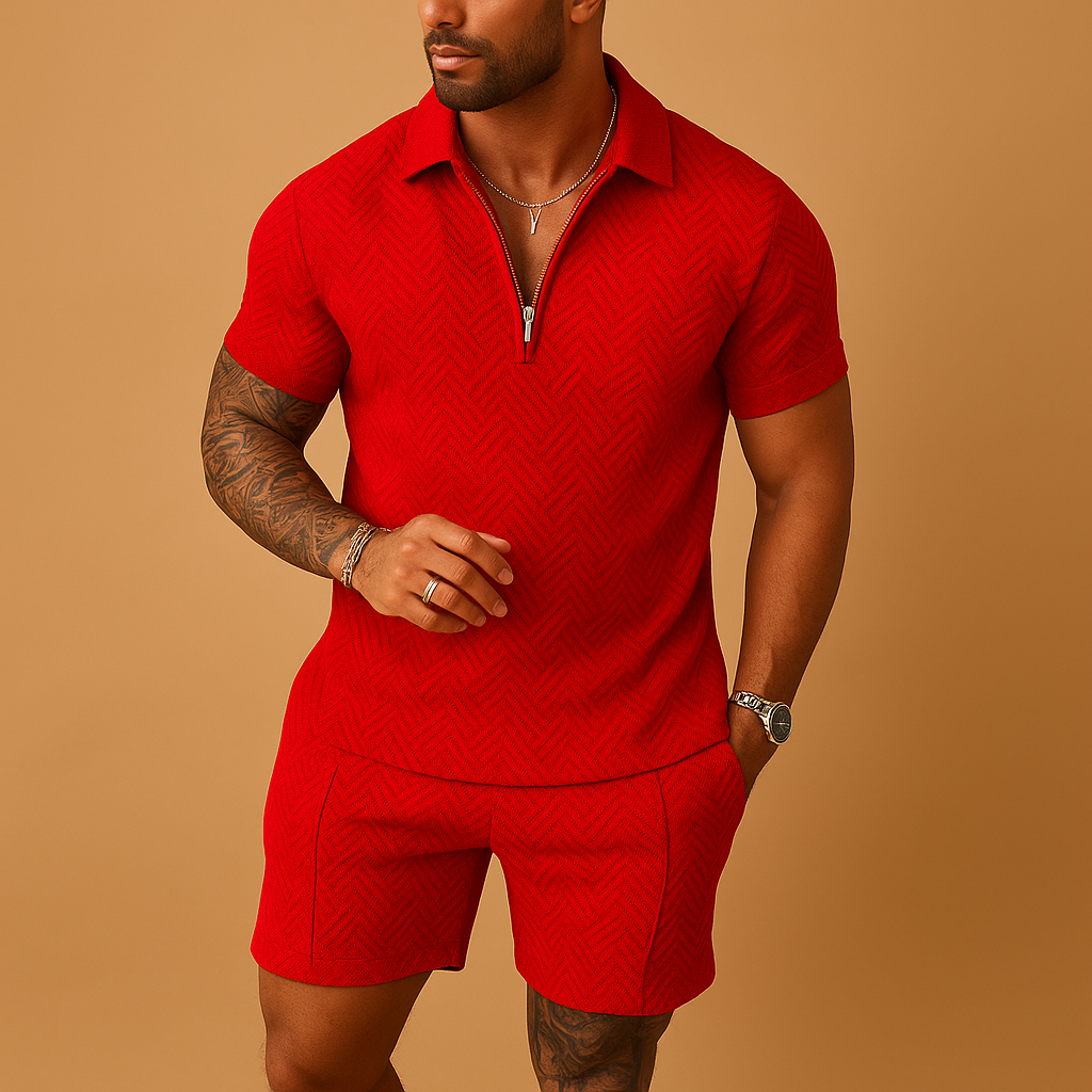 Men’s two-piece summer polo set with matching shorts, perfect for beach days, vacations, and casual summer looks.