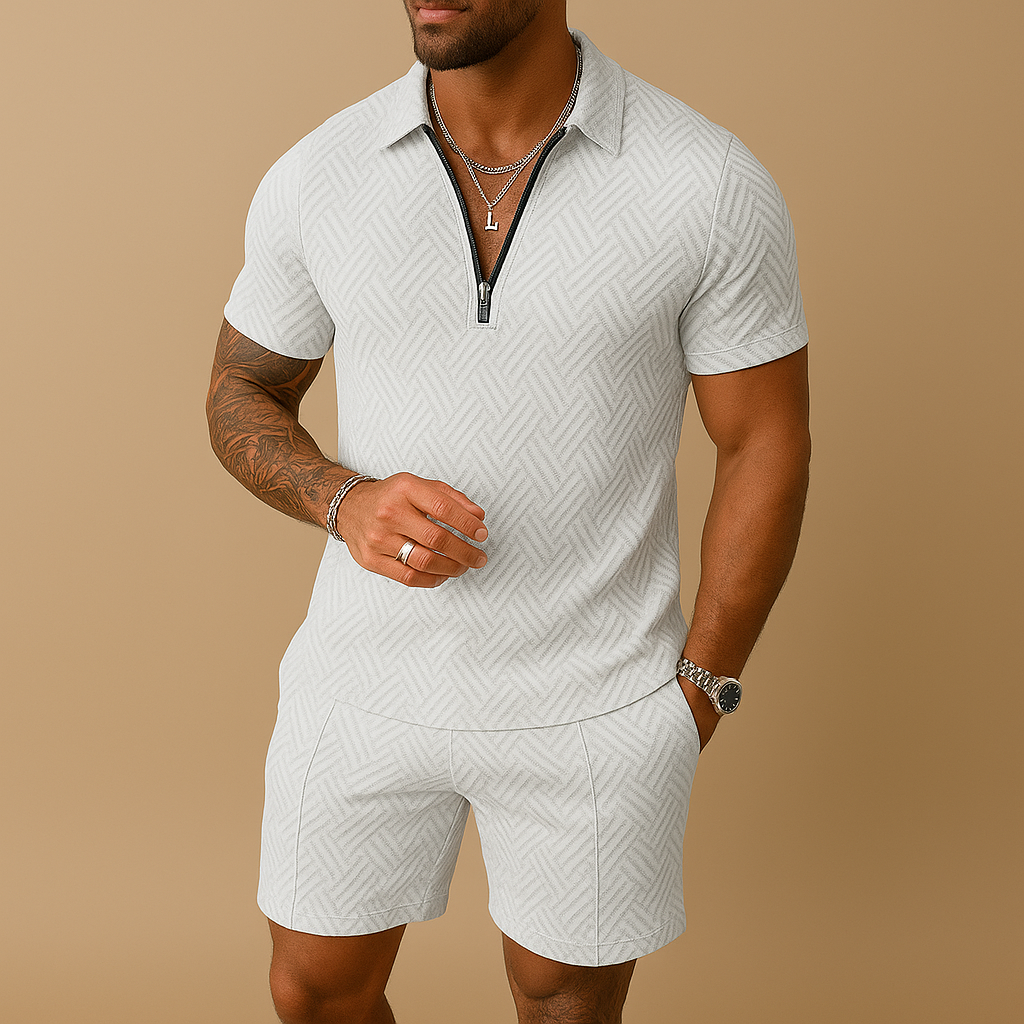 Men’s two-piece summer polo set with matching shorts, perfect for beach days, vacations, and casual summer looks.