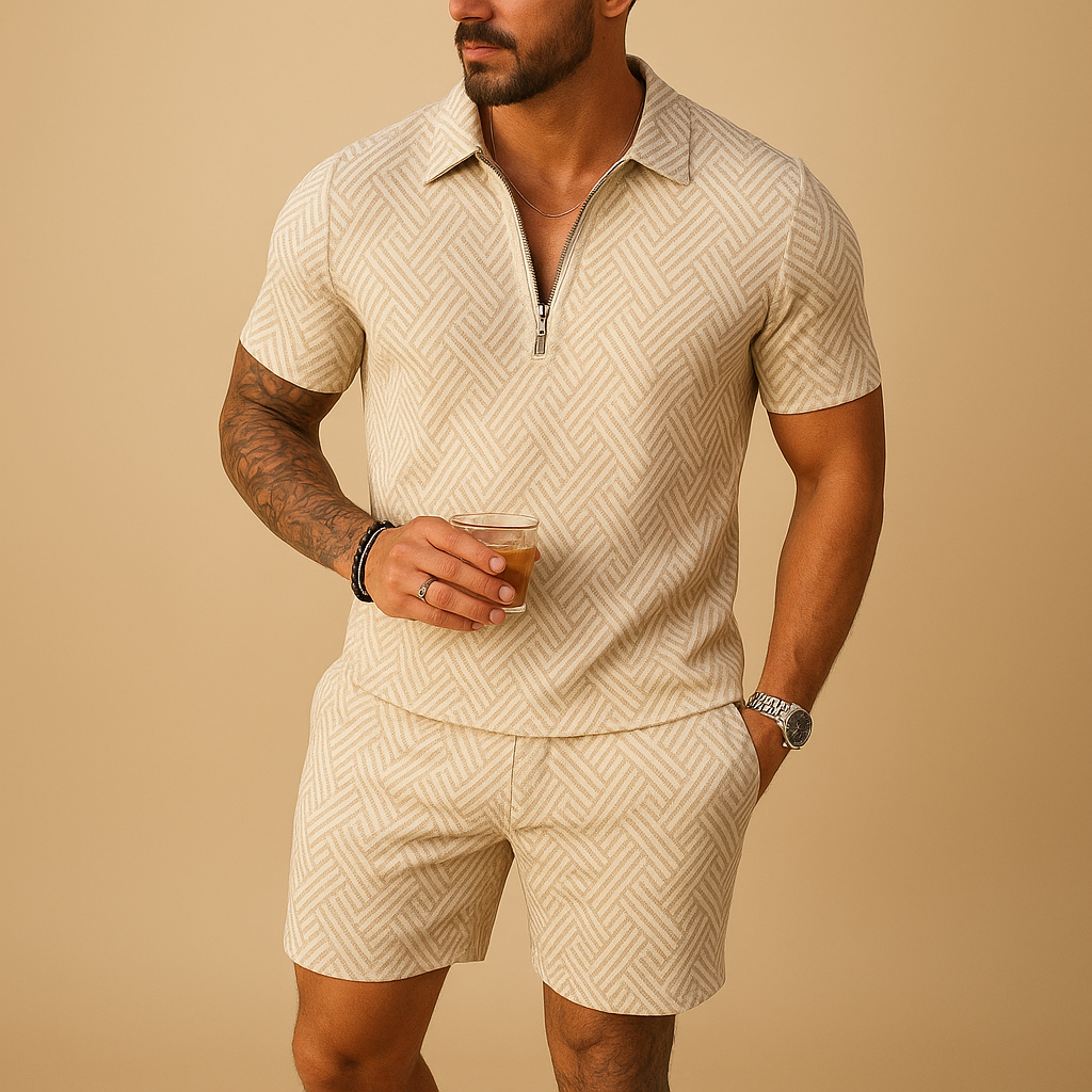 Men’s two-piece summer polo set with matching shorts, perfect for beach days, vacations, and casual summer looks.