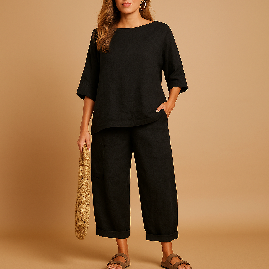 Two-piece summer set for women with loose shirt and ankle-length pants, ideal for warm days, lounging, or casual outings.