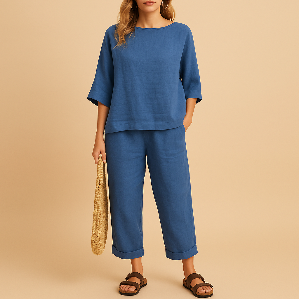 Two-piece summer set for women with loose shirt and ankle-length pants, ideal for warm days, lounging, or casual outings.