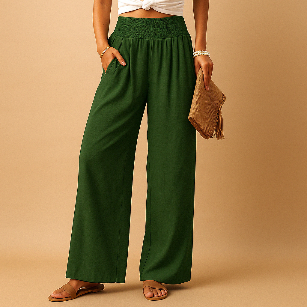 Women’s breathable summer trousers with elastic waistband and loose straight legs, perfect for warm weather, casual outings, or relaxed days at home.