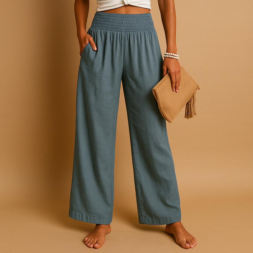 Women’s breathable summer trousers with elastic waistband and loose straight legs, perfect for warm weather, casual outings, or relaxed days at home.