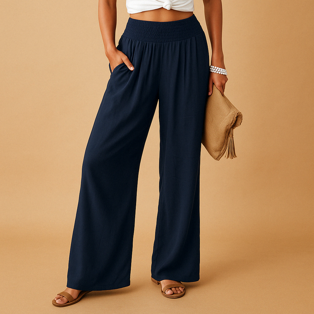 Women’s breathable summer trousers with elastic waistband and loose straight legs, perfect for warm weather, casual outings, or relaxed days at home.