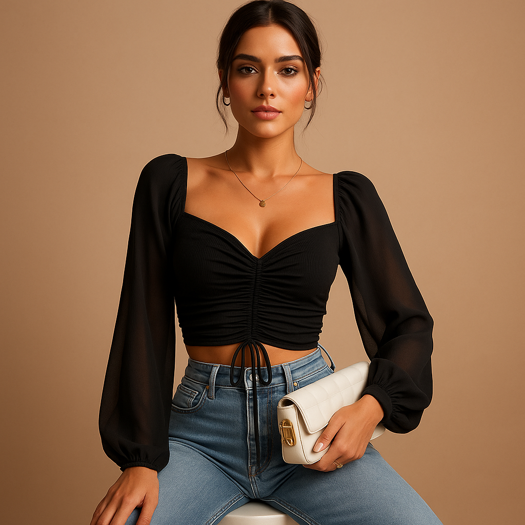 Women’s sweetheart neckline blouse with tie detail and flattering fit, perfect for casual wear or elegant occasions.