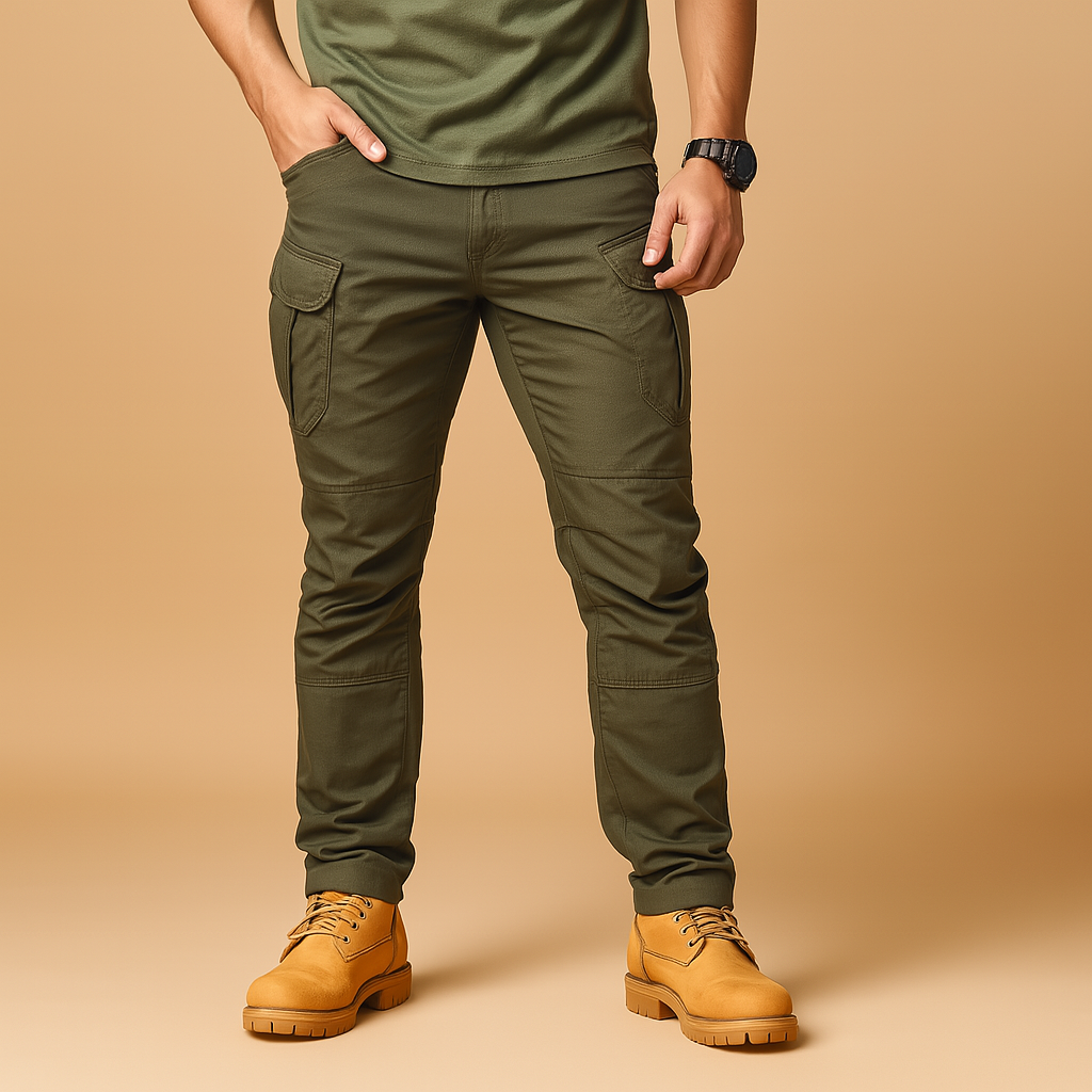 Men wearing Carter tactical cargo pants with multiple military-style pockets, lightweight and flexible design ideal for outdoor and travel wear.