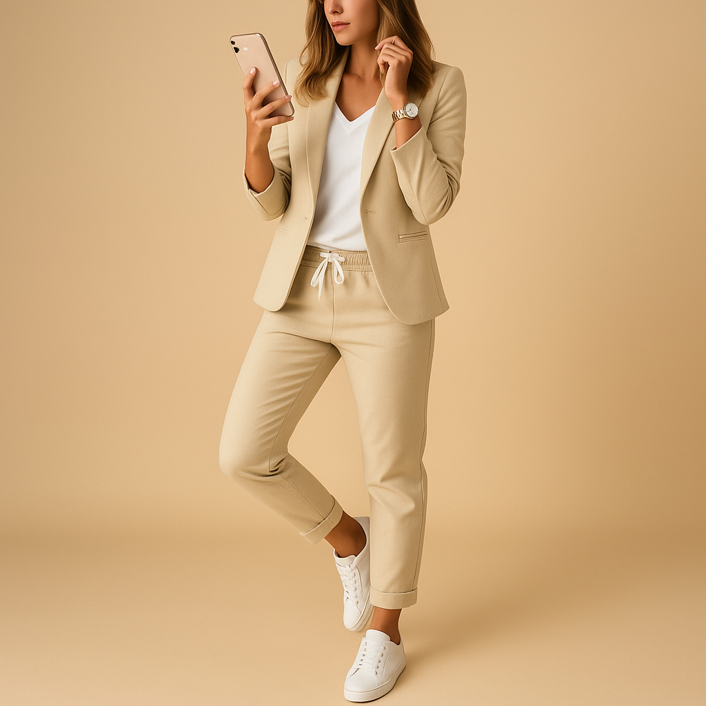 Women’s tailored blazer and pant set with fitted silhouette, ideal for office, formal occasions, and elegant evening looks.