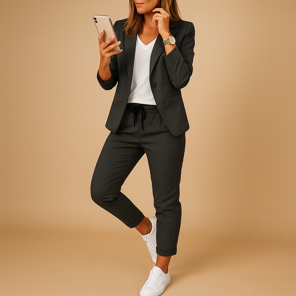 Women’s tailored blazer and pant set with fitted silhouette, ideal for office, formal occasions, and elegant evening looks.