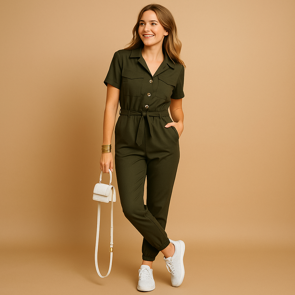 Tailored cargo jumpsuit for women with V-neckline and slim fit, ideal for casual days and chic occasions in beige or olive green.