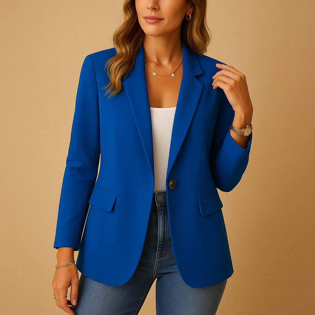 Tailored stretch blazer for women with a classic feminine silhouette available in multiple neutral colors.