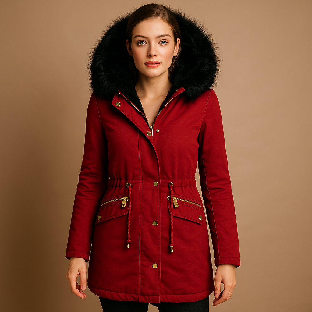 Women’s thermo winter coat with insulated lining, faux fur hood, adjustable cord, and zip-button closure in classic winter colors.