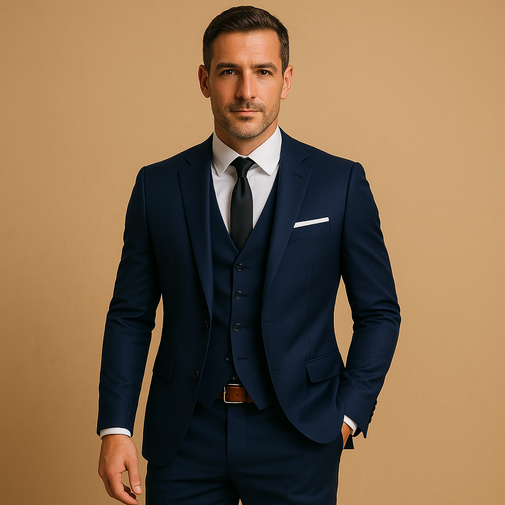 Men’s three-piece slim fit suit with blazer, vest, and trousers, perfect for weddings, business, and formal occasions.