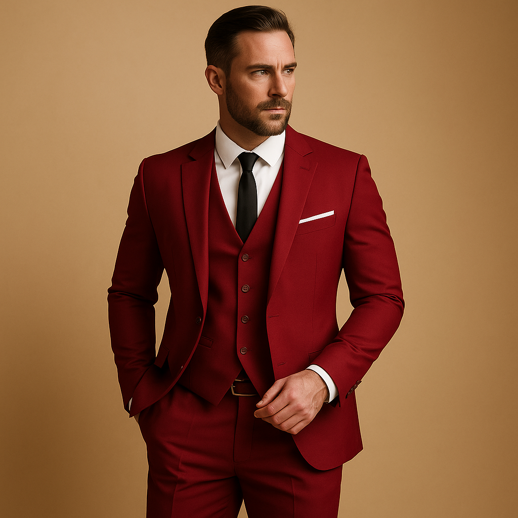 Men’s three-piece slim fit suit with blazer, vest, and trousers, perfect for weddings, business, and formal occasions.