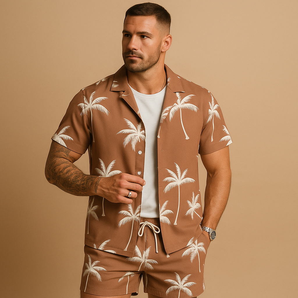 Men’s tropical print summer set with palm and feather design, perfect for beach days, vacations, and relaxed summer outings.