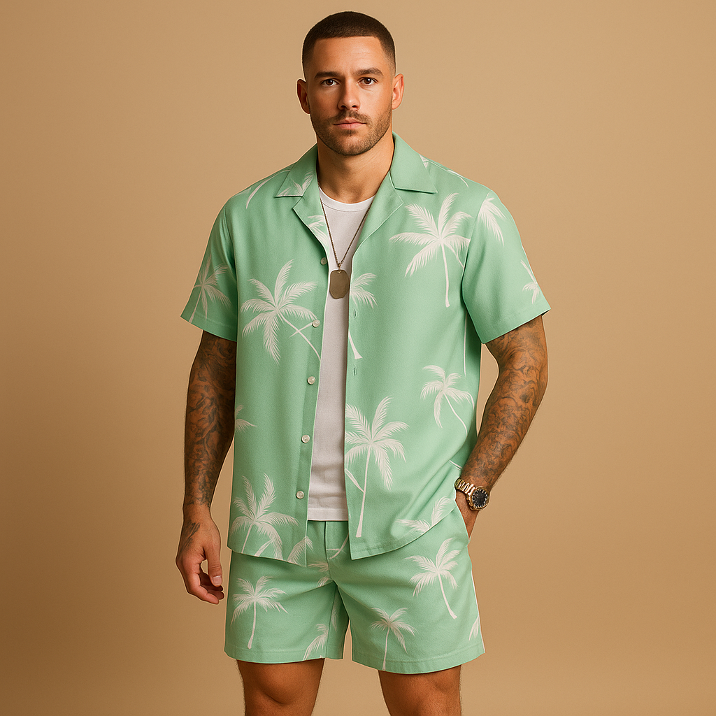 Men’s tropical print summer set with palm and feather design, perfect for beach days, vacations, and relaxed summer outings.