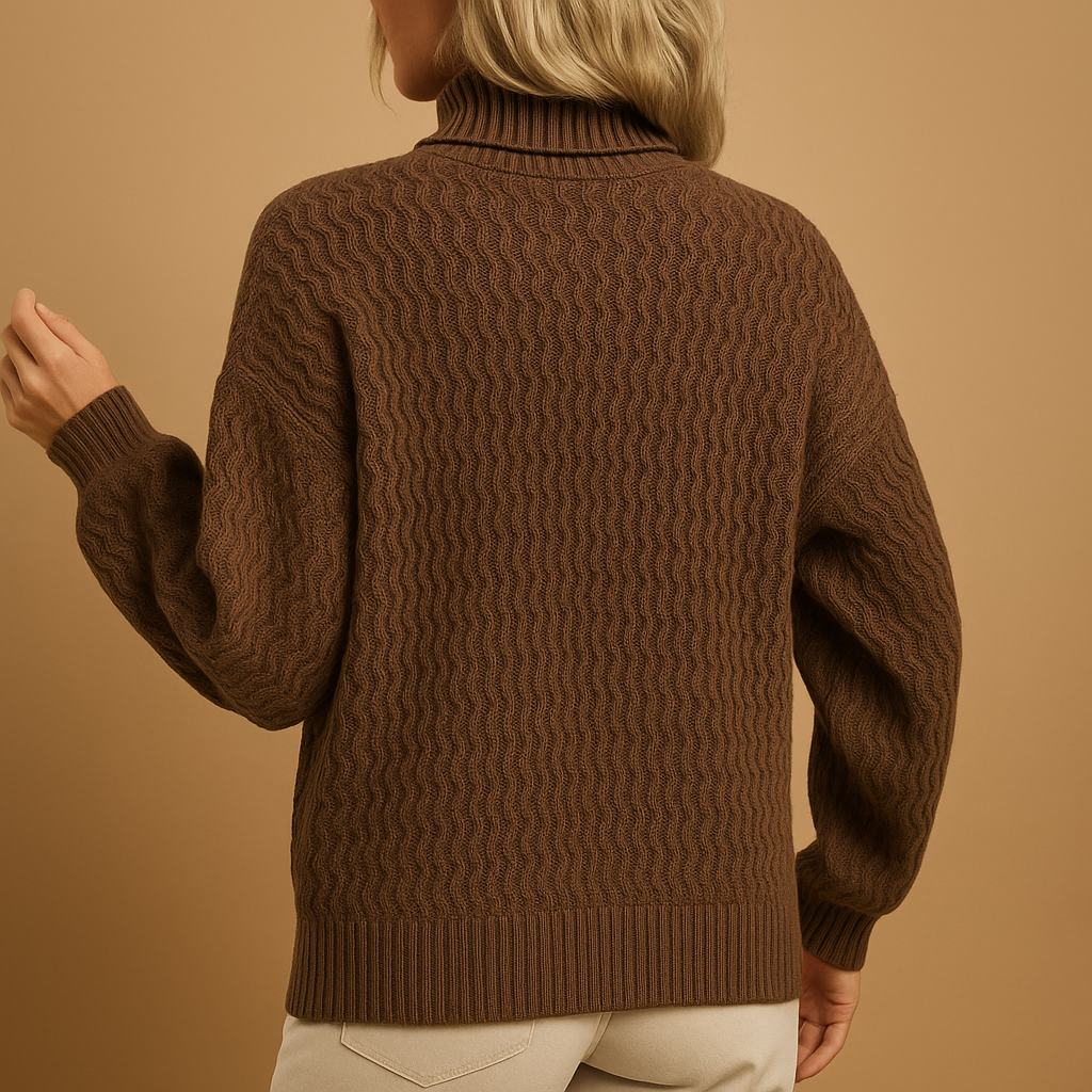 Women’s turtleneck knit sweater in apricot and coffee tones with slim, comfortable fit. Perfect for office wear, layering, or casual chic outfits.
