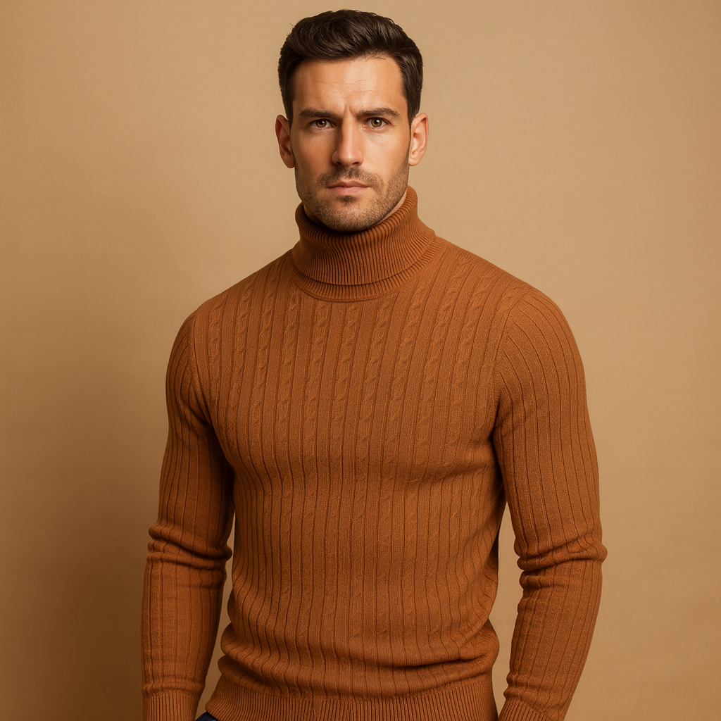 Men’s turtleneck knitted sweater with soft fabric and classic design, warm, stylish, and ideal for autumn and winter wear.
