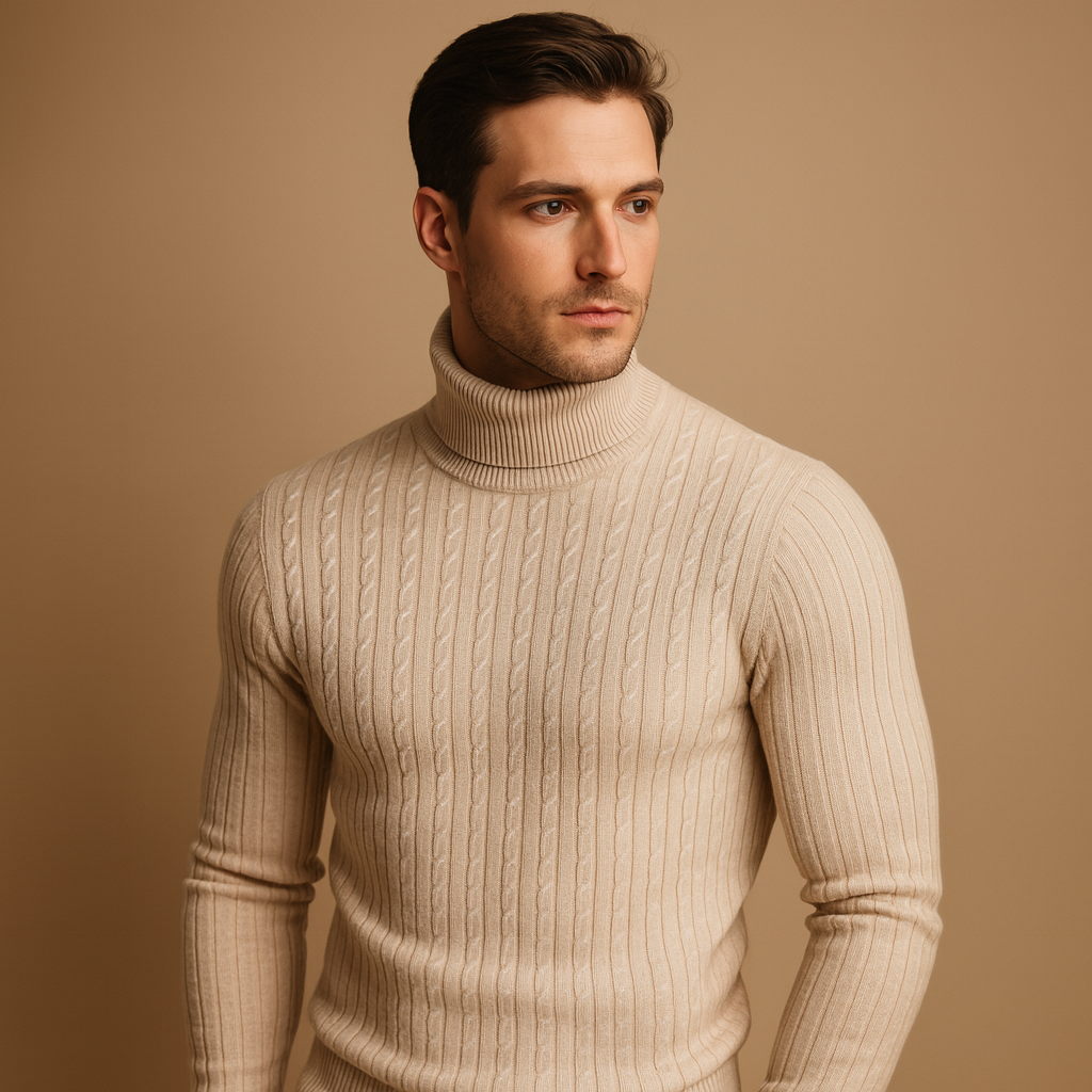 Men’s turtleneck knitted sweater with soft fabric and classic design, warm, stylish, and ideal for autumn and winter wear.