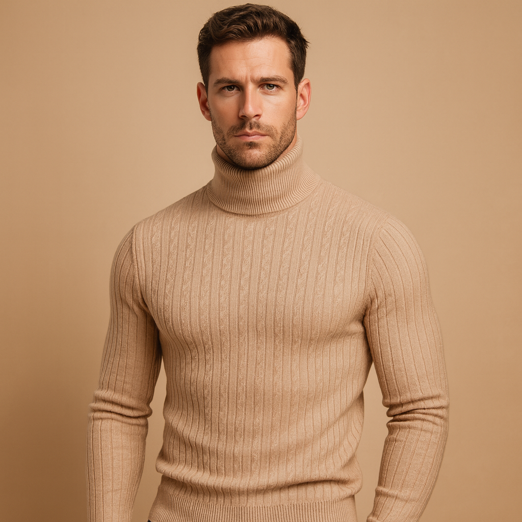 Men’s turtleneck knitted sweater with soft fabric and classic design, warm, stylish, and ideal for autumn and winter wear.