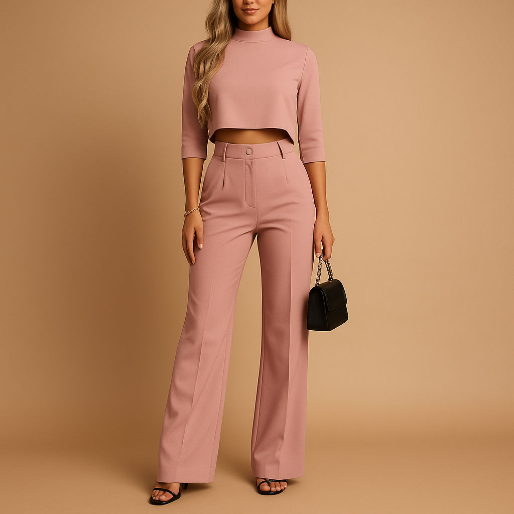 Women’s two-piece autumn lounge set with cropped top and high-waisted pants, perfect for work, leisure, and cool days.