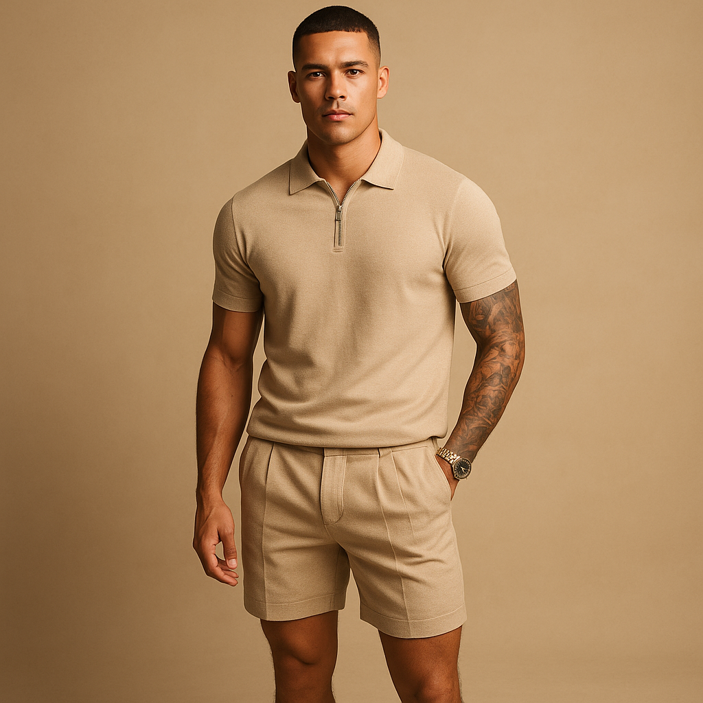 Men’s two-piece streetwear set with matching top and shorts, perfect for casual wear and urban outfits.