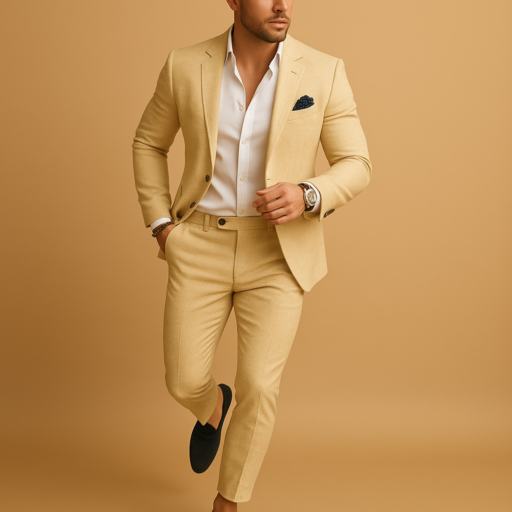 Men’s two-piece slim fit suit with blazer and trousers, perfect for weddings, business, and formal occasions.