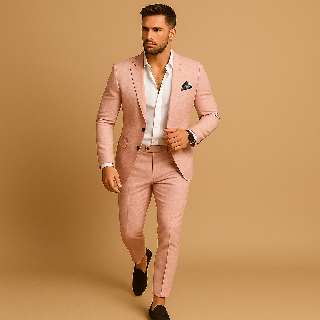 Men’s two-piece slim fit suit with blazer and trousers, perfect for weddings, business, and formal occasions.