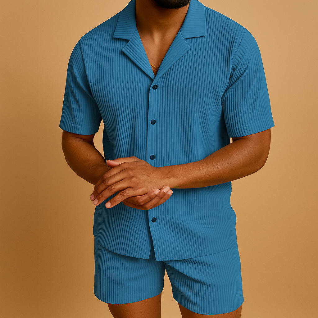 Men’s two-piece summer outfit with classic detailing, perfect for vacations, summer events, and stylish casual days.
