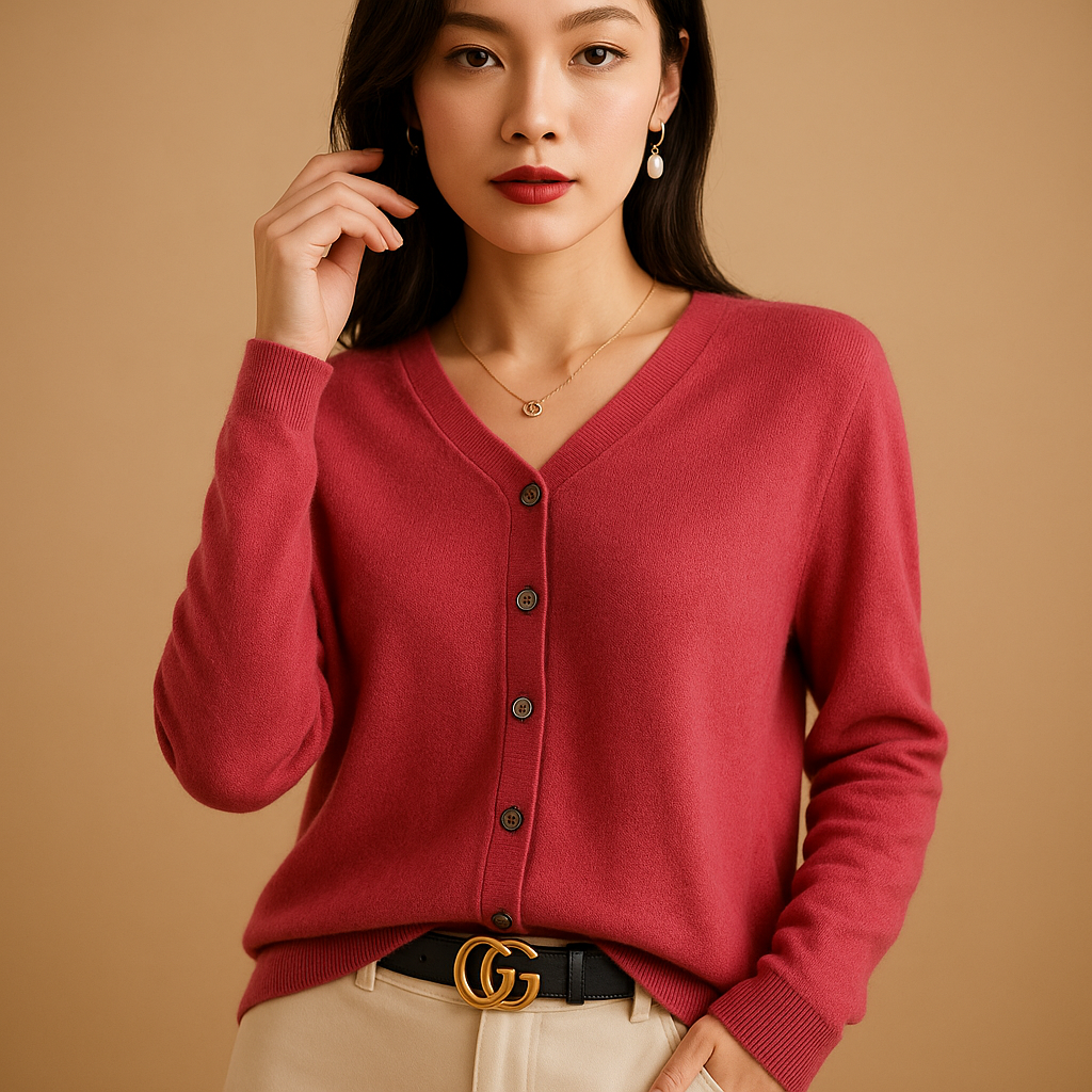 Elegant women’s V-neck cardigan with slim fit and button closure, ideal for daily wear, office outfits, and winter layering.