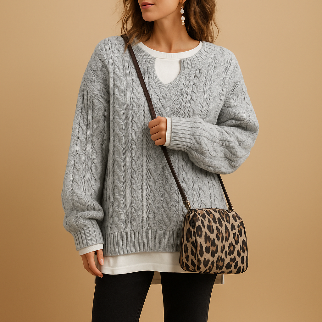 V-neck knitted cotton sweater for women with relaxed fit, breathable cotton fabric, and elegant design. Perfect for casual or office wear.
