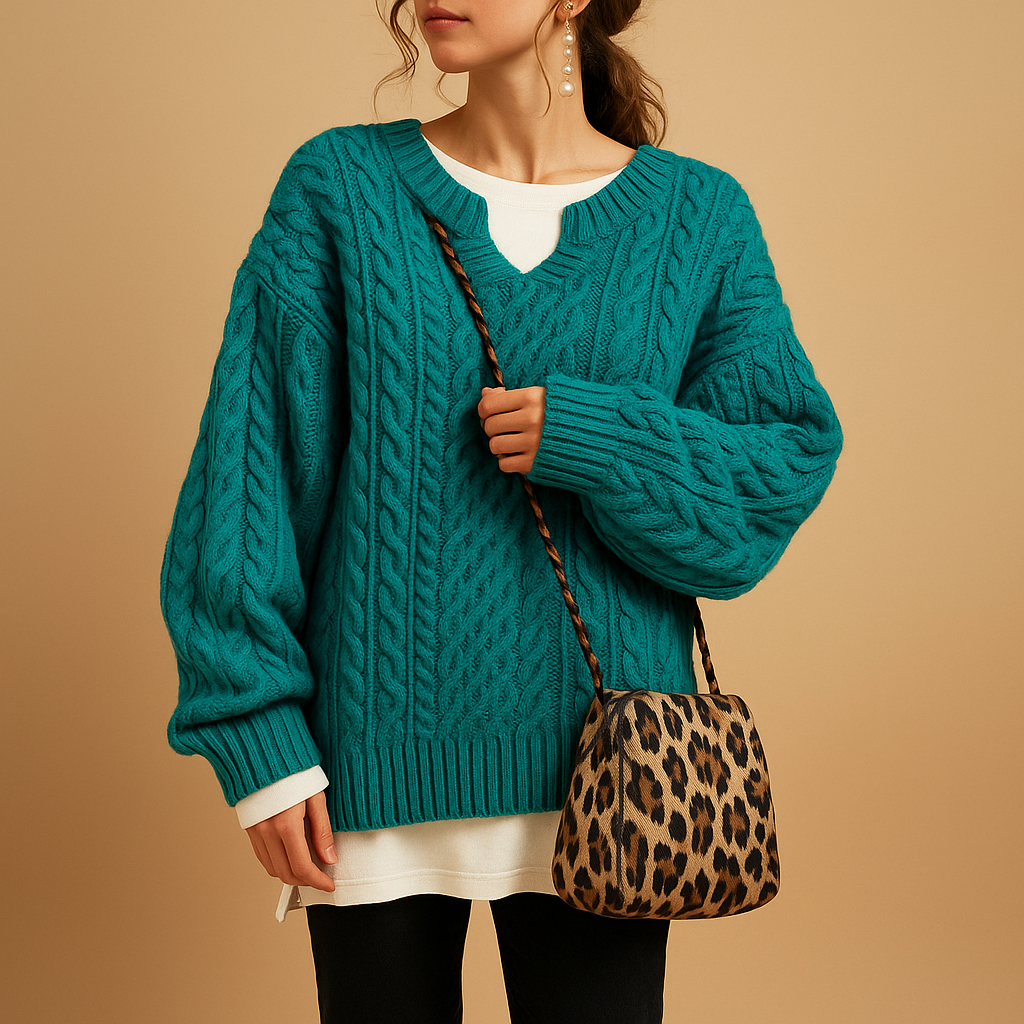 V-neck knitted cotton sweater for women with relaxed fit, breathable cotton fabric, and elegant design. Perfect for casual or office wear.