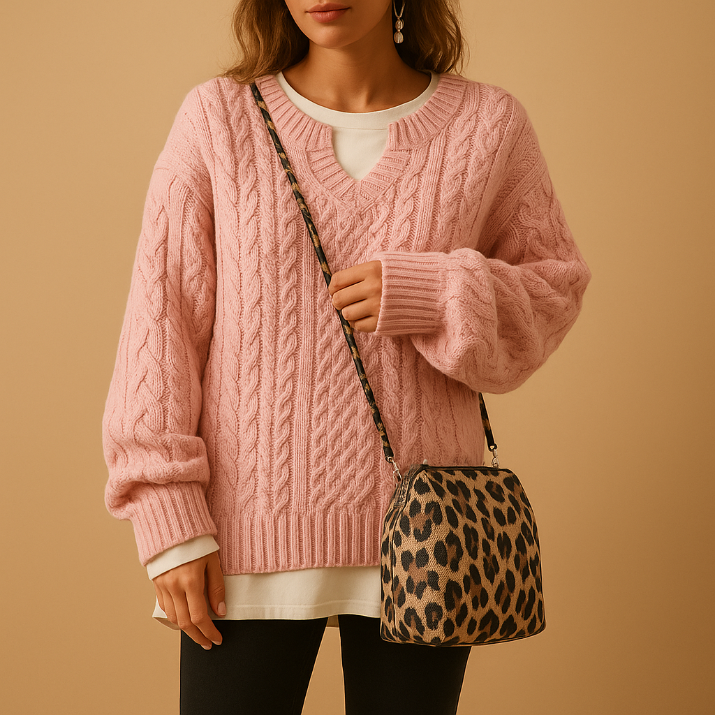 V-neck knitted cotton sweater for women with relaxed fit, breathable cotton fabric, and elegant design. Perfect for casual or office wear.