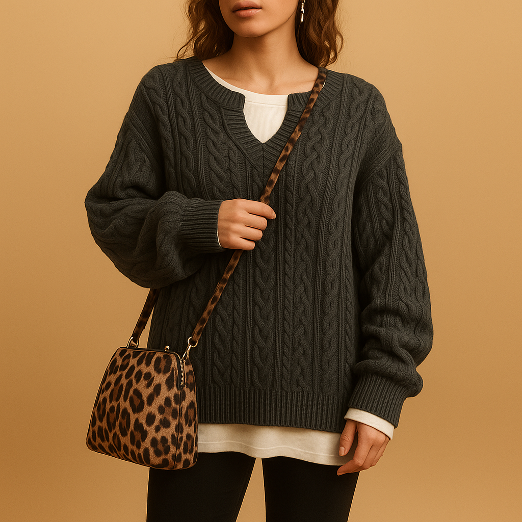 V-neck knitted cotton sweater for women with relaxed fit, breathable cotton fabric, and elegant design. Perfect for casual or office wear.