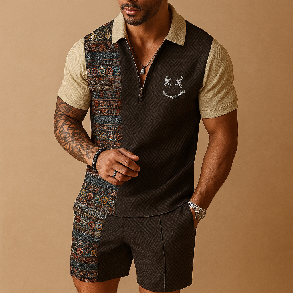 Men’s vintage print summer set with polo and shorts, perfect for holidays, casual outings, and warm summer days.