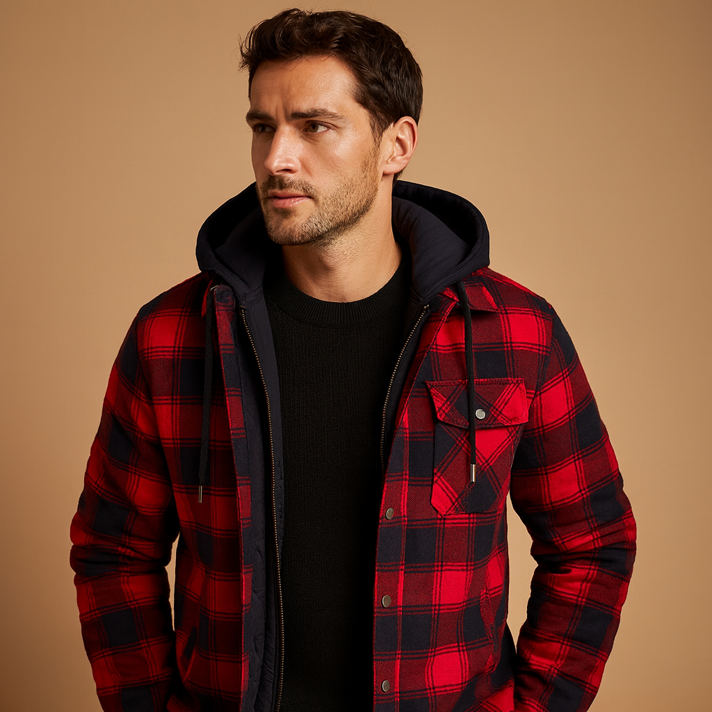 Men’s warm bomber jacket with hood and insulated lining, wind-resistant design perfect for casual or sporty winter wear.