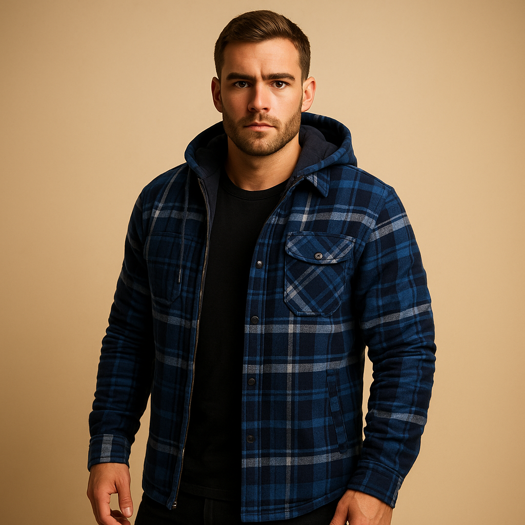 Men’s warm bomber jacket with hood and insulated lining, wind-resistant design perfect for casual or sporty winter wear.