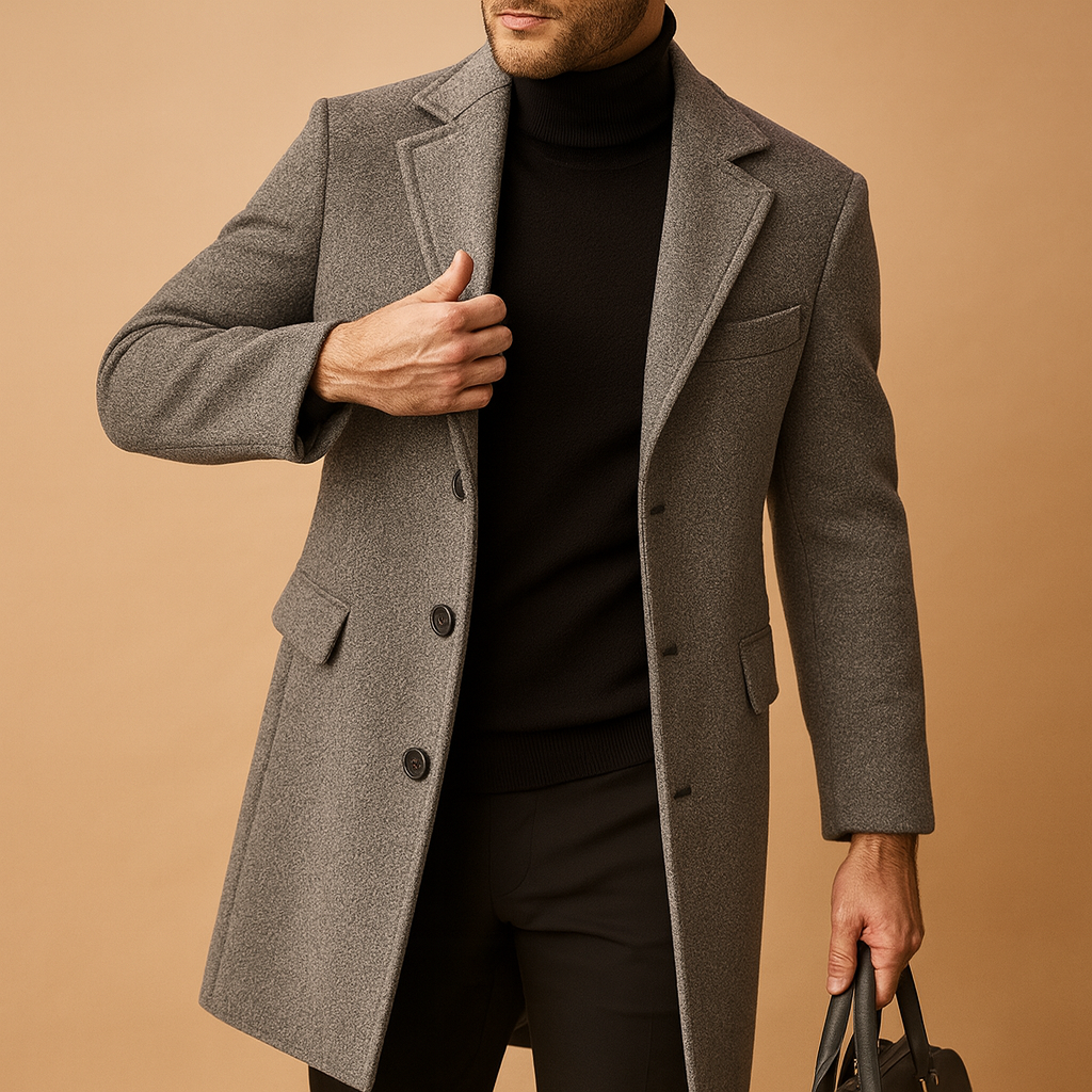 Men’s warm overcoat with relaxed fit and classic design, ideal for cold autumn and winter days, perfect for formal or casual wear.