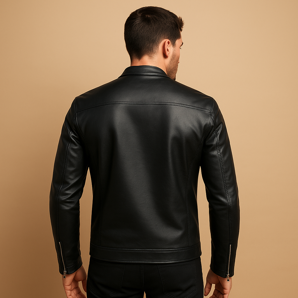 Men’s waterproof black biker jacket with tailored fit and soft inner lining, ideal for motorcycle rides and everyday use.
