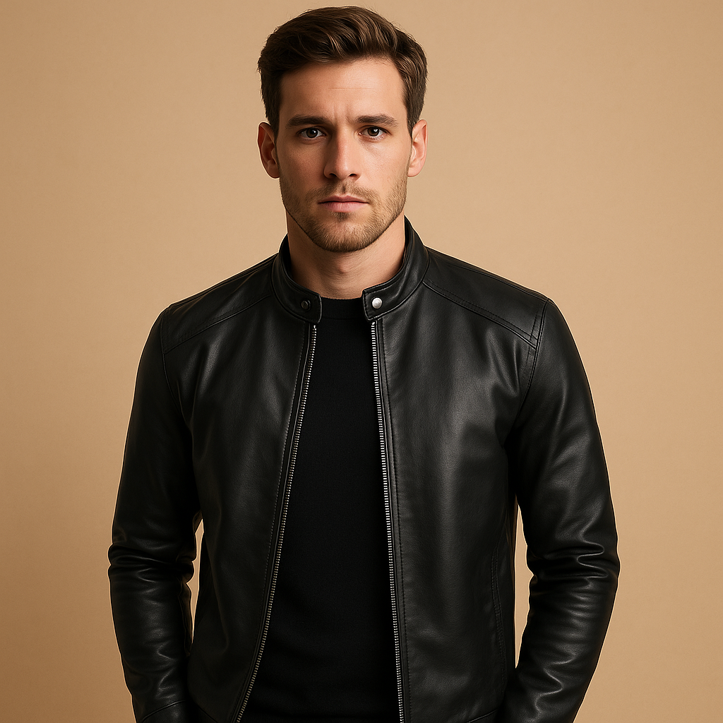 Men’s waterproof black biker jacket with tailored fit and soft inner lining, ideal for motorcycle rides and everyday use.