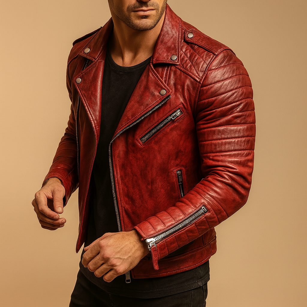 Men’s waterproof biker jacket with soft inner lining and modern design, ideal for cold, windy, and rainy weather.