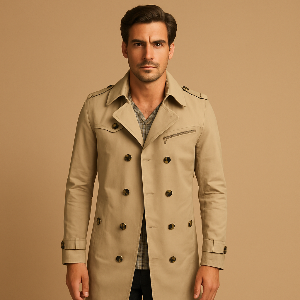Men’s waterproof trench coat with a classic double-breasted design, perfect for formal, casual, and all-season wear.