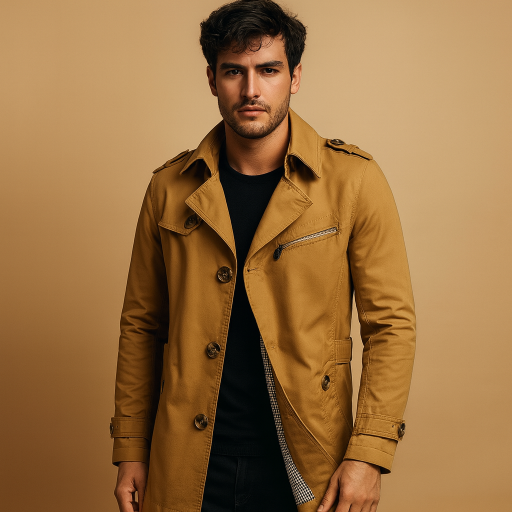 Men’s waterproof trench coat with a classic double-breasted design, perfect for formal, casual, and all-season wear.