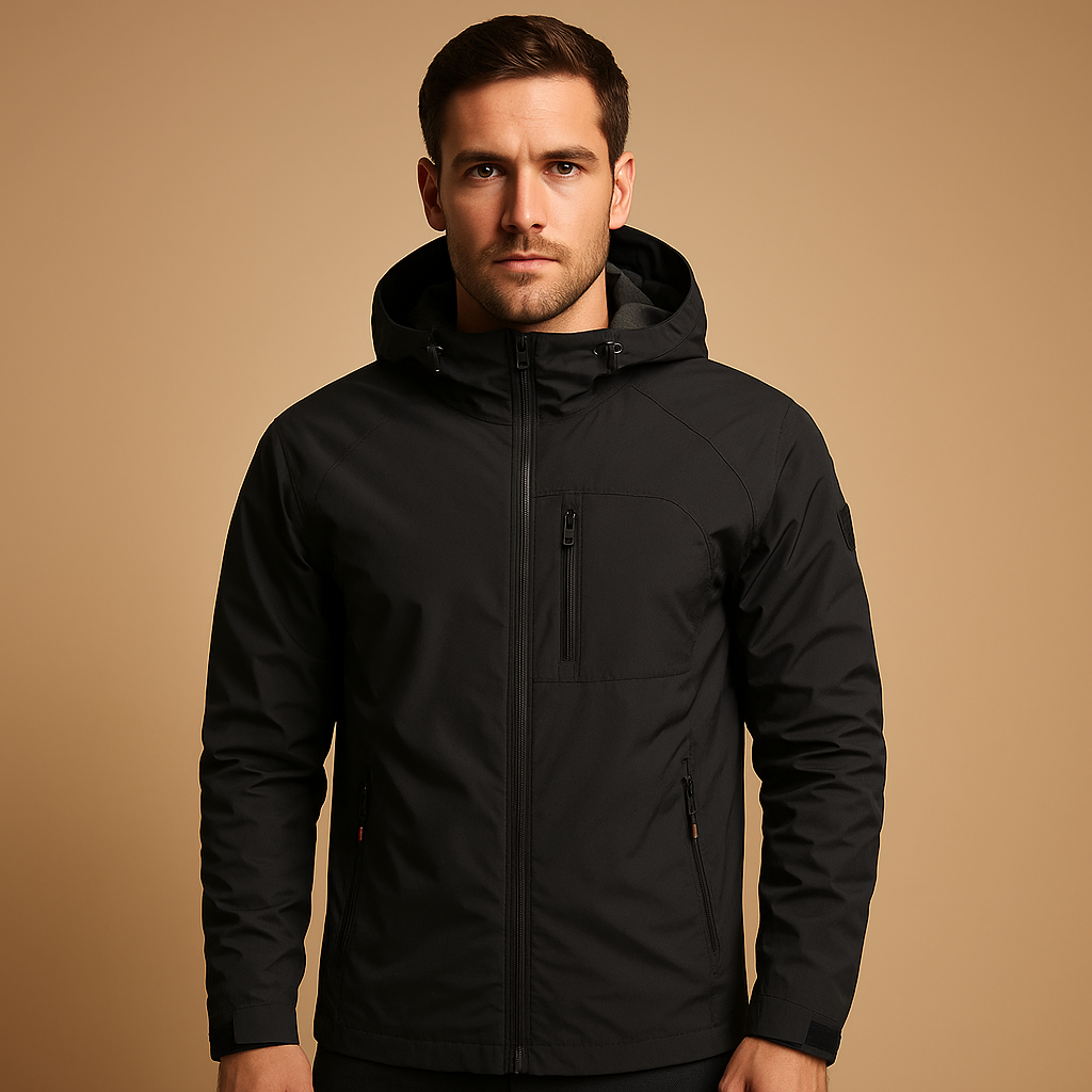 Men’s waterproof and breathable windbreaker with multiple zip pockets, ideal for outdoor activities, sports, and daily use.