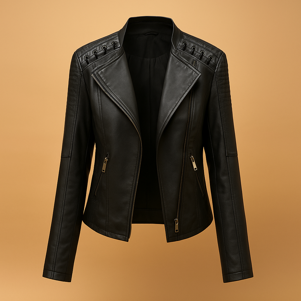 Women’s PU jacket with stand-up collar Serena featuring a sleek silhouette and zipper details.