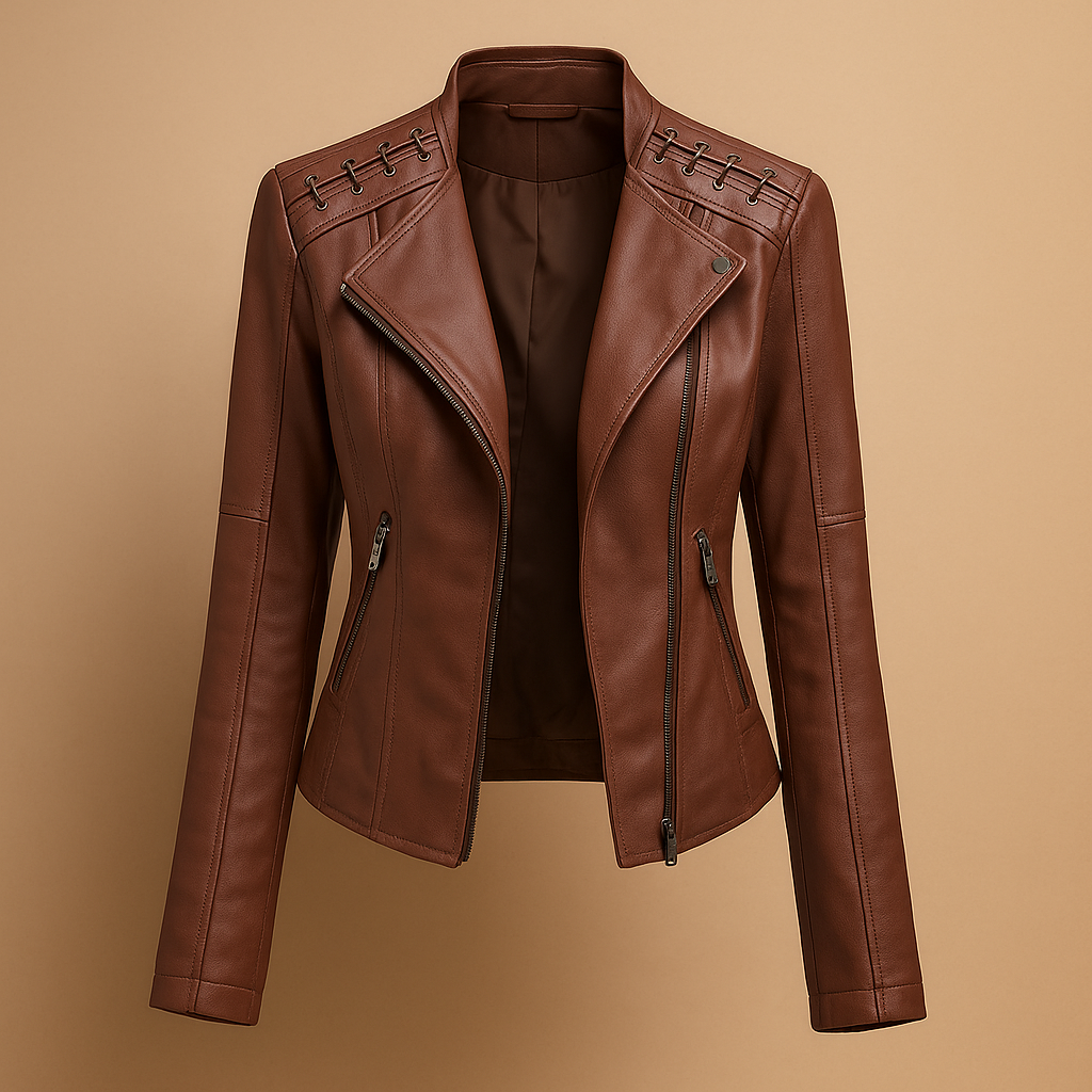 Women’s PU jacket with stand-up collar Serena featuring a sleek silhouette and zipper details.
