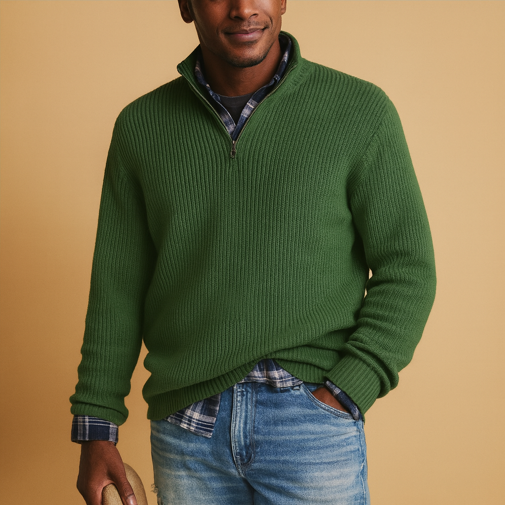 Men’s wool sweater in dark blue, gray, black, green, red, and beige, warm, soft, and perfect for elegant winter wear.