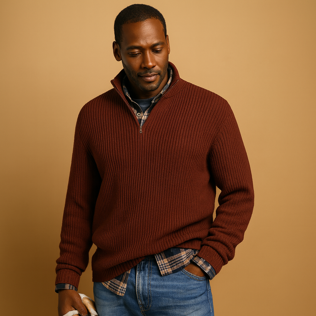 Men’s wool sweater in dark blue, gray, black, green, red, and beige, warm, soft, and perfect for elegant winter wear.